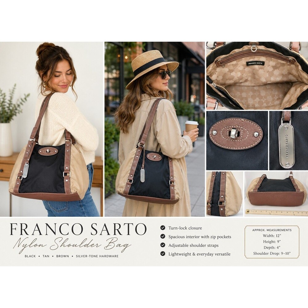 Franco Sarto Mitzy Women Shoulder Bag Black Tan Minimalist Italian City Chic